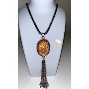 Necklace Copper Tone Oval Orange Glass Druzy Style Pendant Chain Tassel 14"
